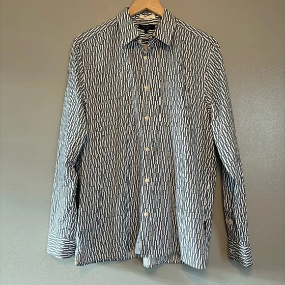 Ted Baker sz 4 (Large) Ruskin Retro Geo Print Cotton Button Down Blue & White - Picture 2 of 6